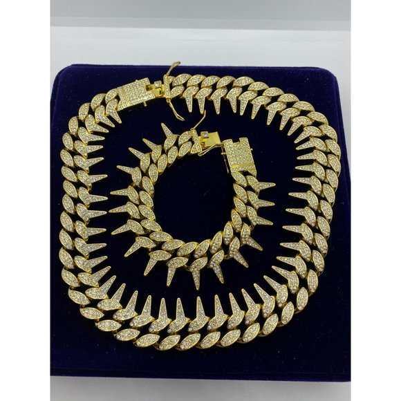 25mm Diamond Iced Out Two Row Spiked Chain Necklace-Bracelet Set - Picture 1 of 4